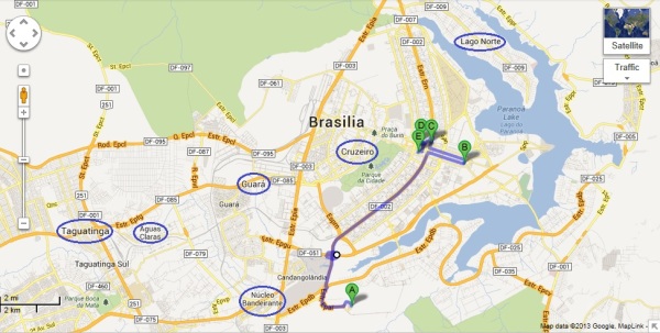 Mapa de Brasília. A é o aeroporto. B é o Congresso