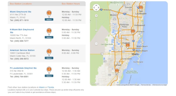 Mapa de estações Greyhound na região de Miami